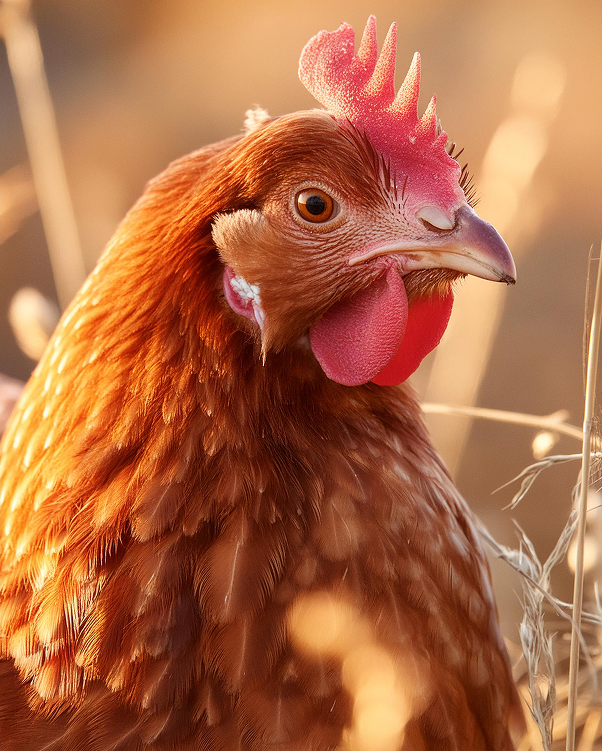 Close-up of a brown chicken with red comb and wattle illuminated by warm sunlight.